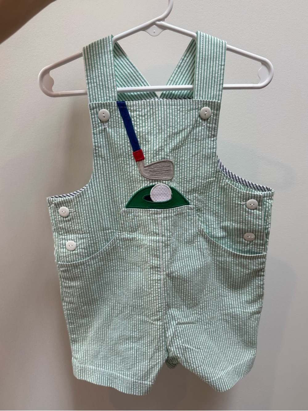 Florence Eiseman Green Striped Seersucker Golf Appliqué Overalls